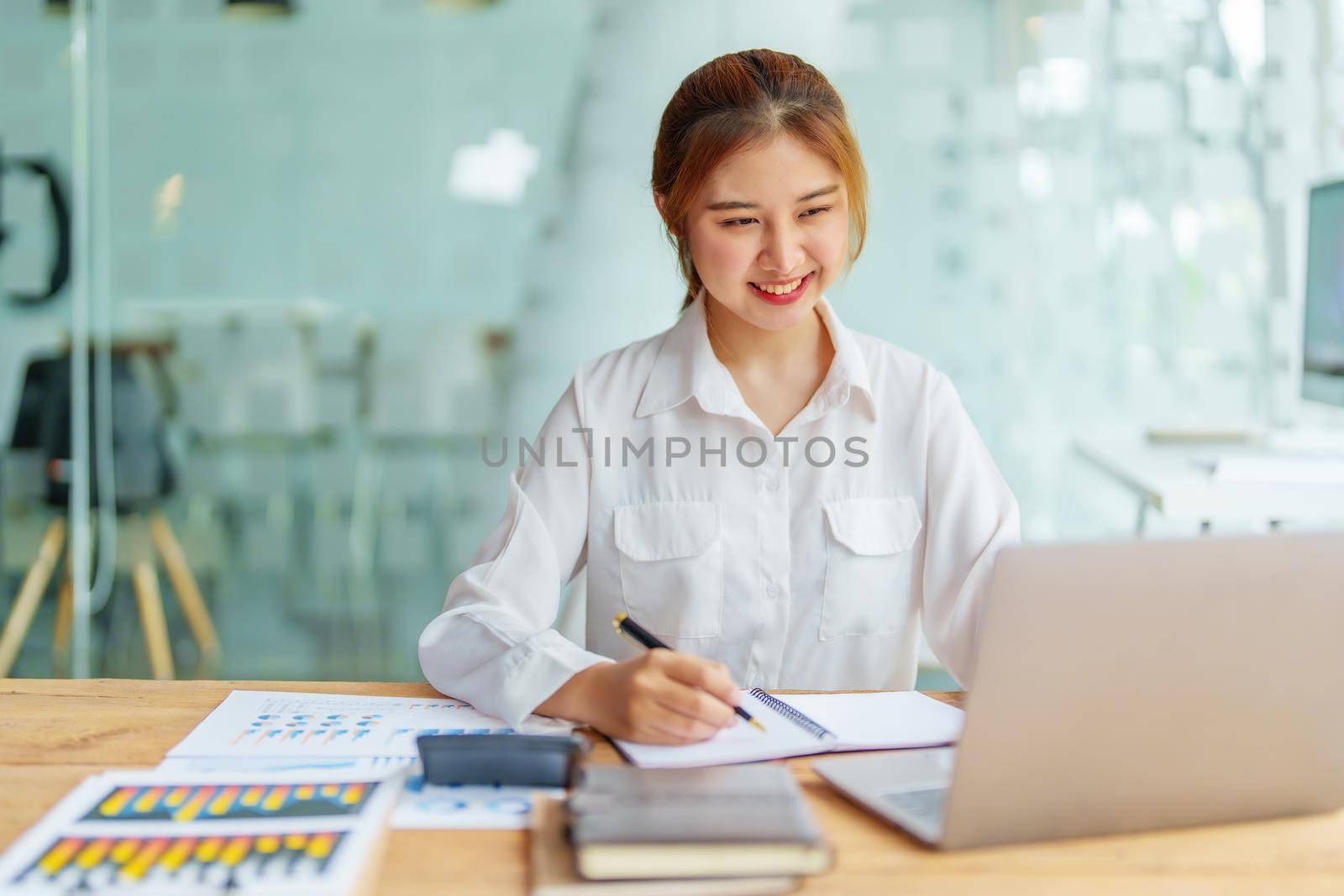 data analysis, plan, marketing, accounting, audit, Portrait of asian business woman planning marketing using statistical data sheet and computer to present marketing plan project at meeting