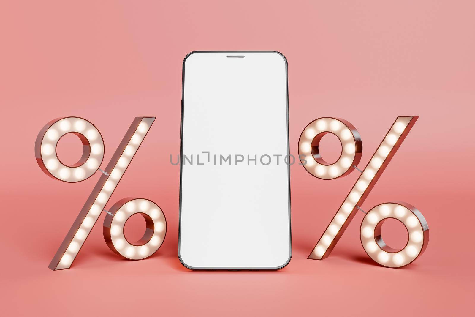 mobile phone with empty screen and luminous sale symbols on the sides. e-commerce concept, online shopping, drop shipping and offers. 3d rendering