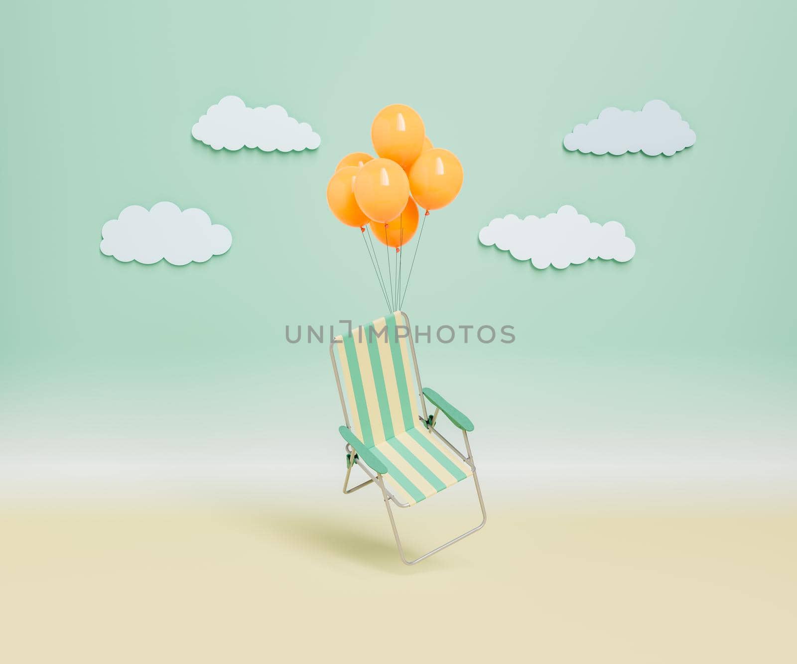 beach chair floating with balloons on a minimal background by asolano