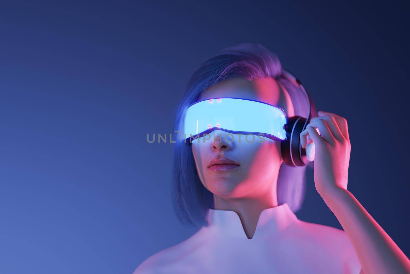 3d female character with futuristic VR glasses and headset by asolano