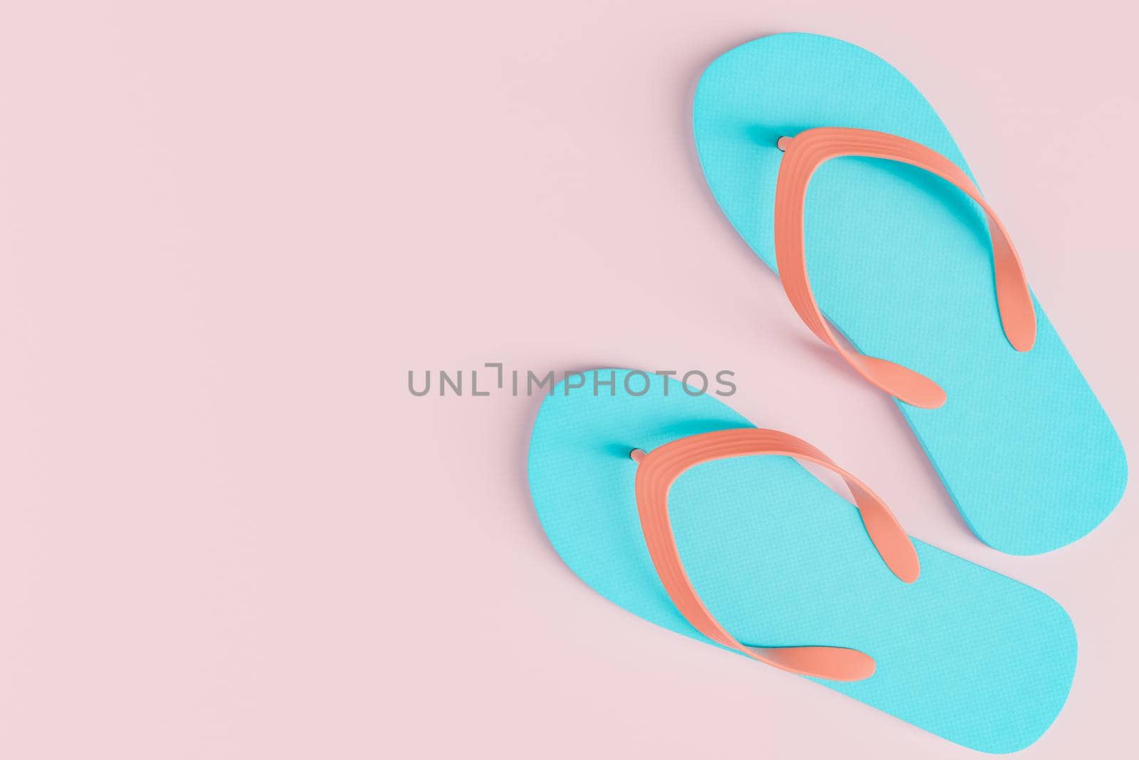 pastel colored flip flops on one side with space for text. summer concept. 3d rendering