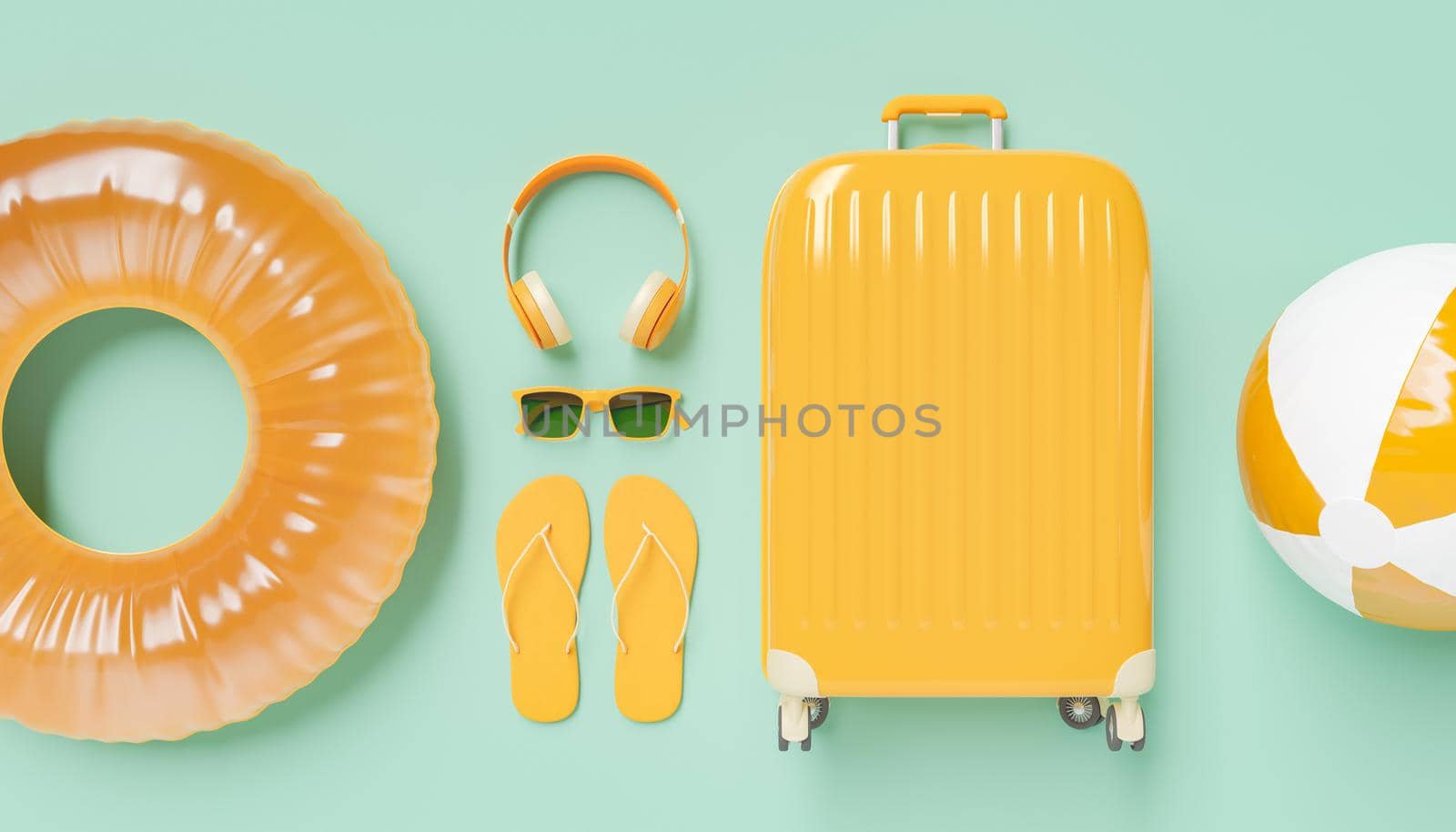 Flat lay orange suitcase with traveler accessories by asolano