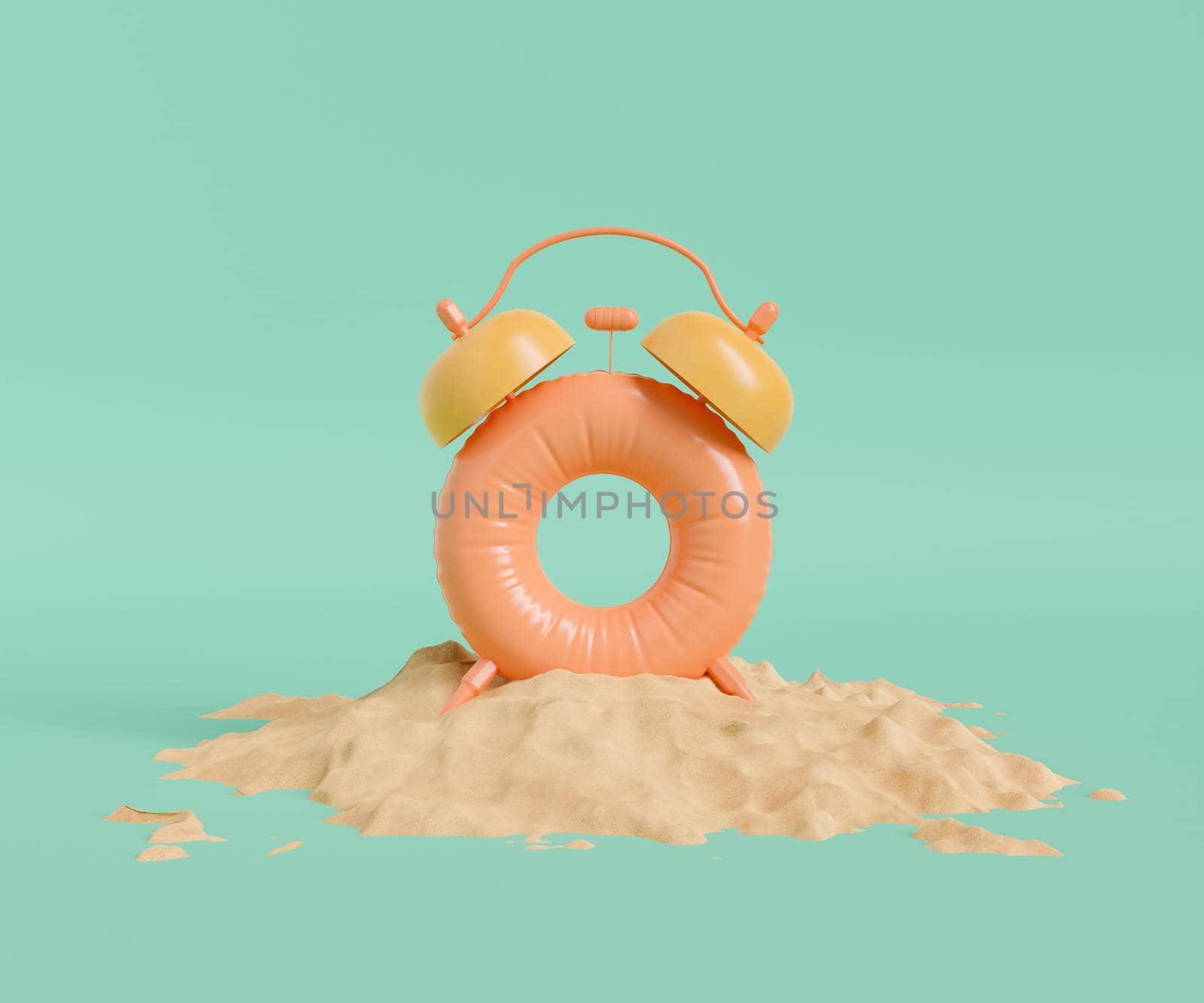 float ring shaped alarm clock on beach sand. summer time. 3d rendering