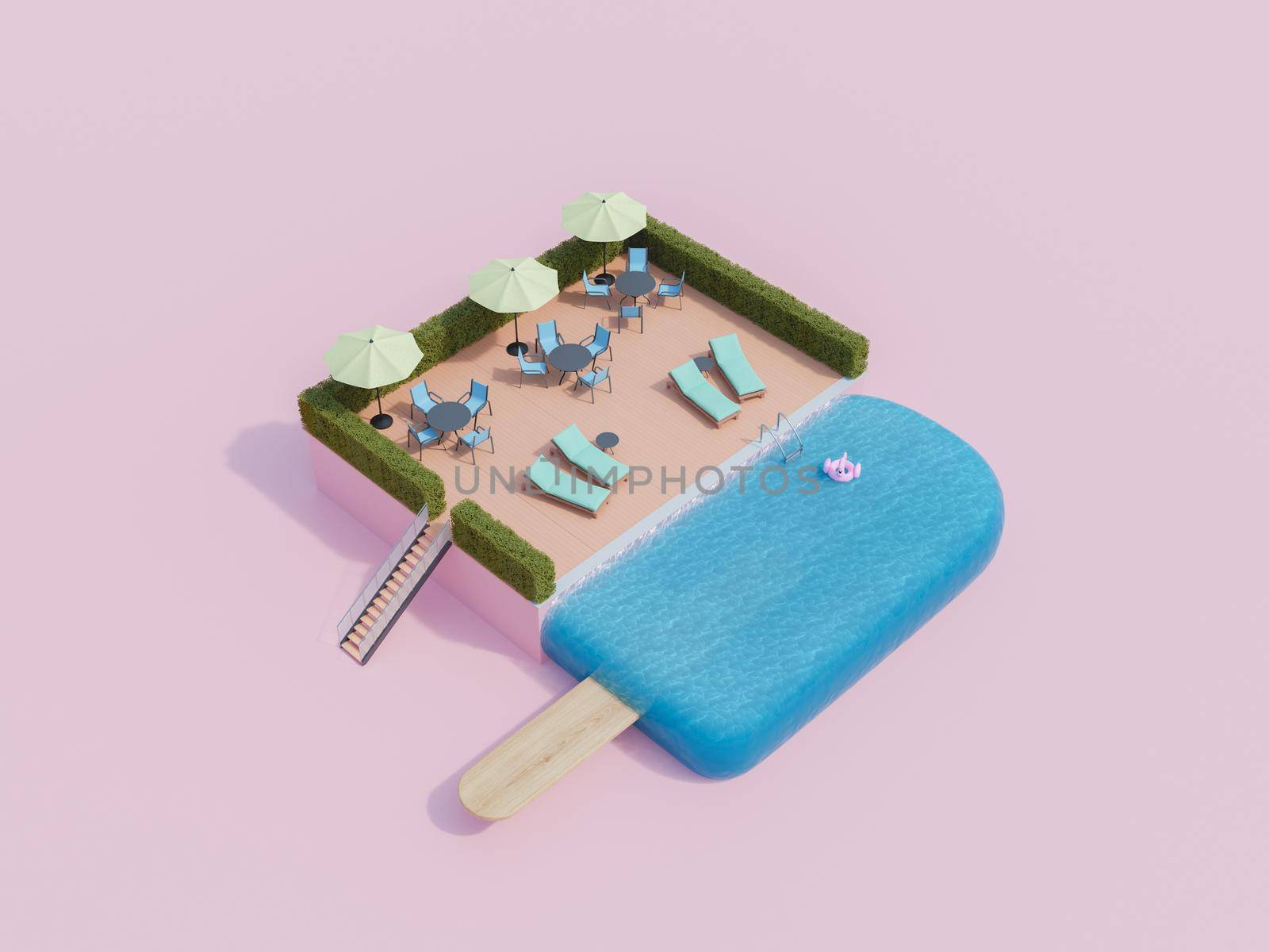 isometric terrace with ice cream shaped pool and tables with umbrellas. 3d rendering