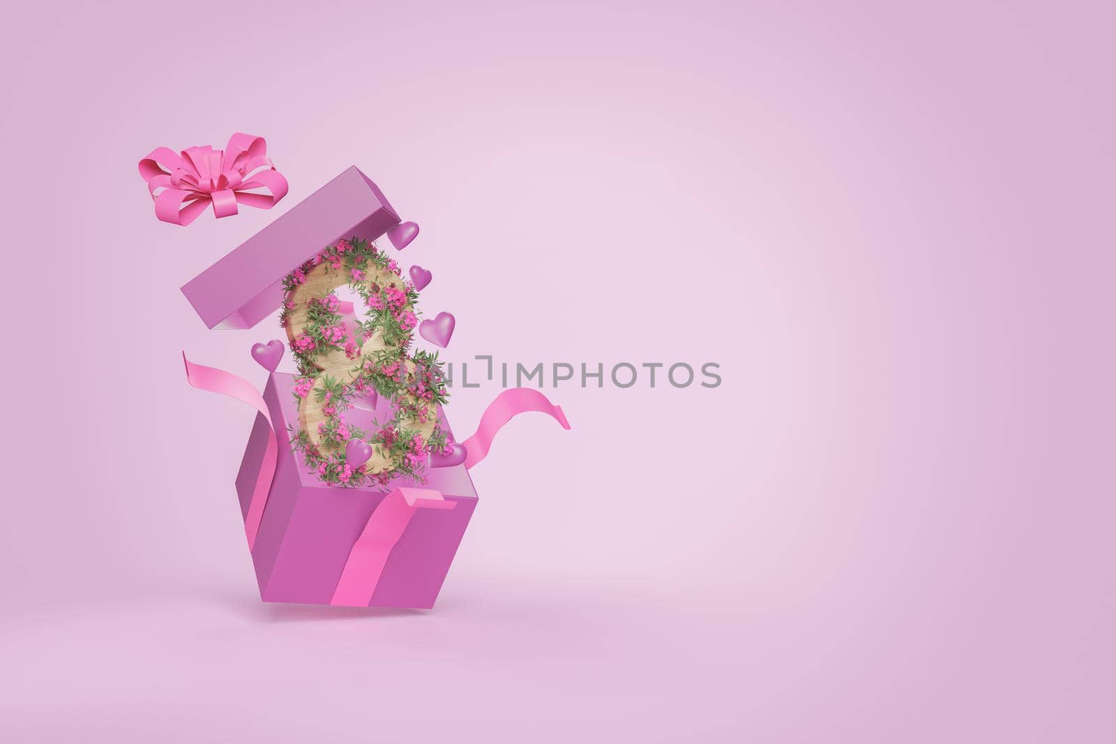 wooden number 8 with flowers coming out of a gift box with space for text. concept of may 8th, mother's day. 3d rendering