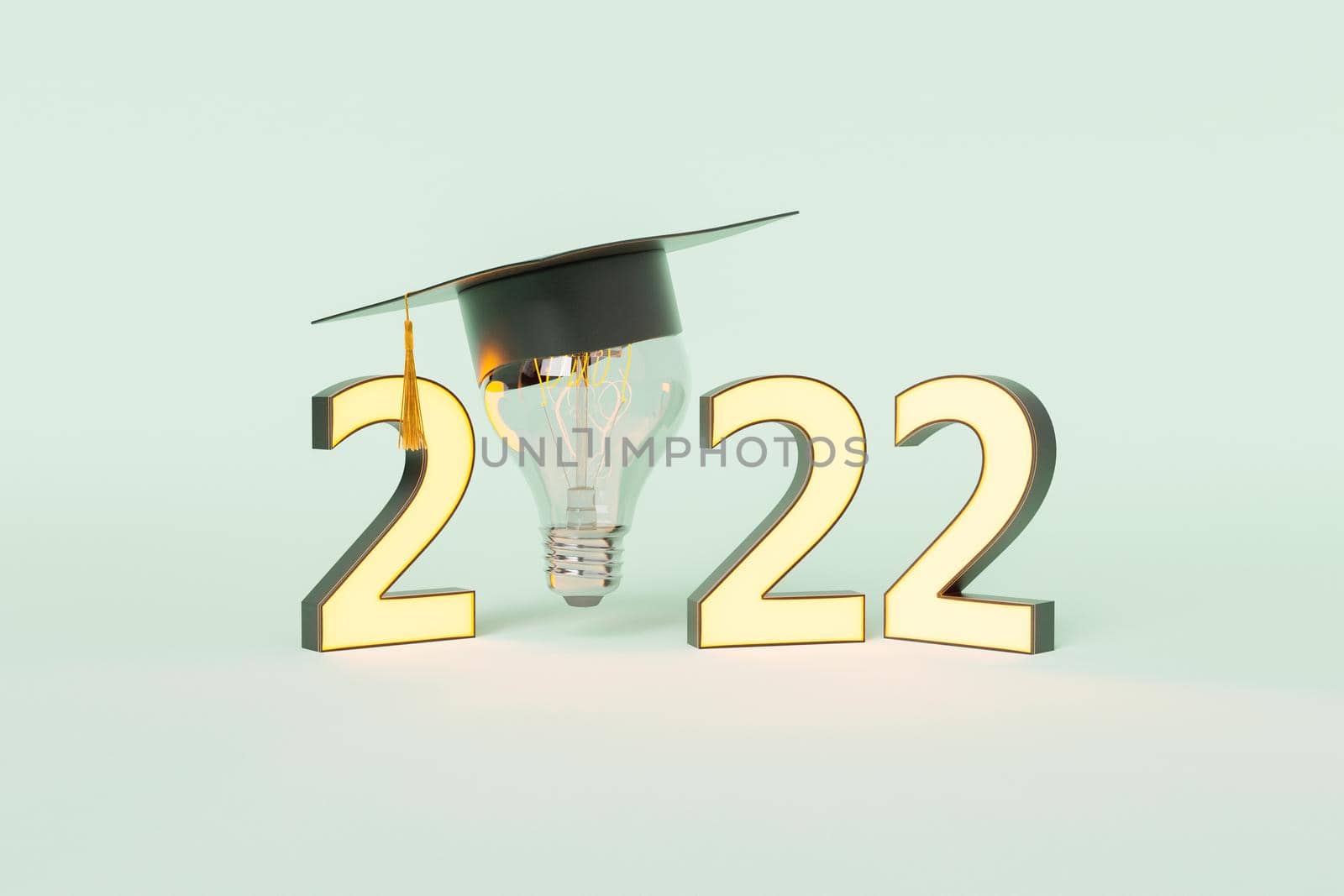 Creative 3d illustration of glowing lightbulb in graduation cap of 2022 year on light blue background