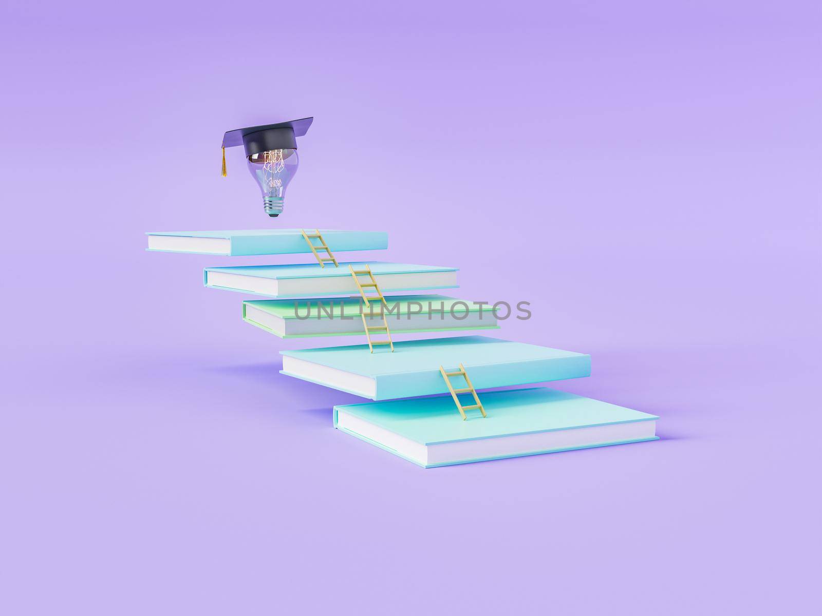 3d illustration of stack of books with little ladders and light bulb in graduation hat on top against violet background