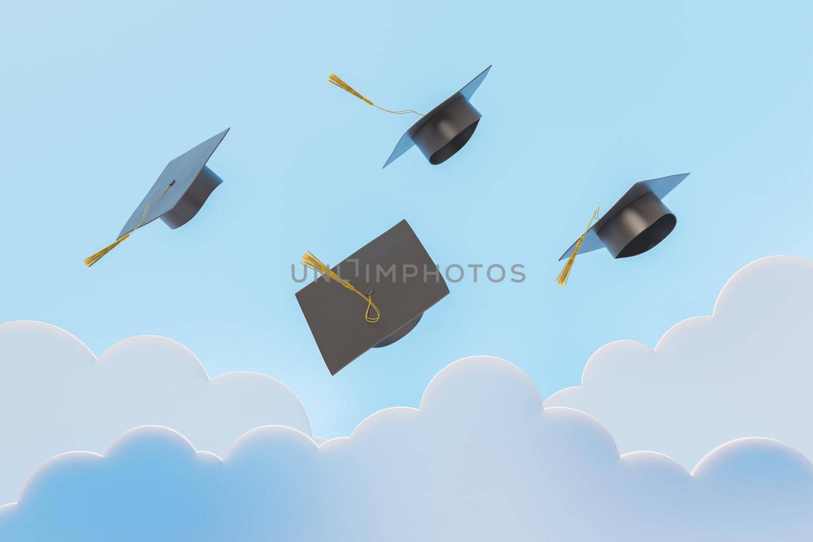 3d illustration of group of graduation hats tossed up together in blue sky with clouds