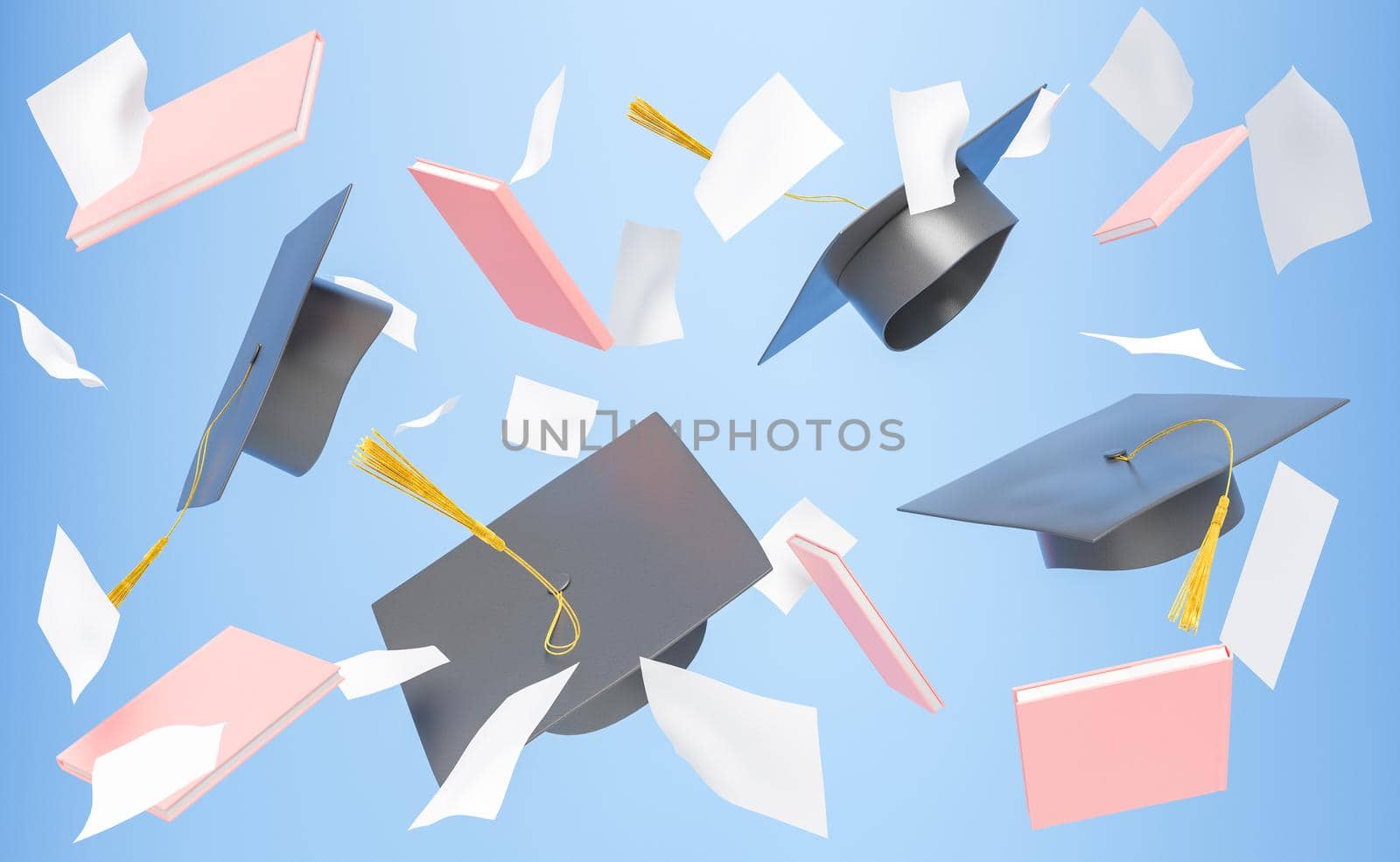 3d illustration of academic caps with pink books and blank pieces of paper tossed on blue background