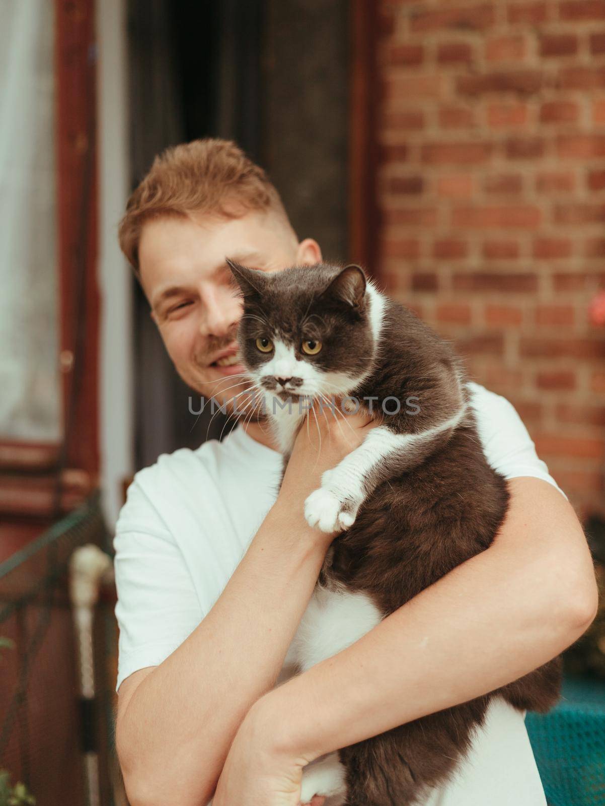 Man Holding Cat in Hands. British Gray Cat. Man with Cat Smiling. In the garden