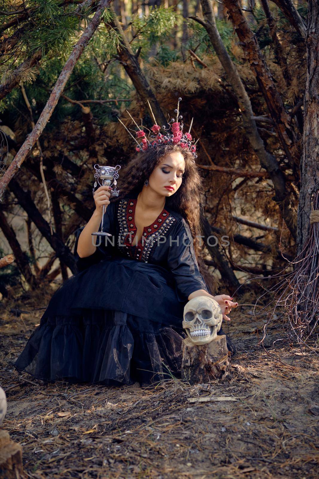 Beautiful, wicked, long-haired sibyl in a black, long embroidered dress. There is large red crown in her brown, curly hair. She is posing with her broom and a skull while sitting near a hut in a pine forest. Spells, magic and witchcraft. Full length portrait.