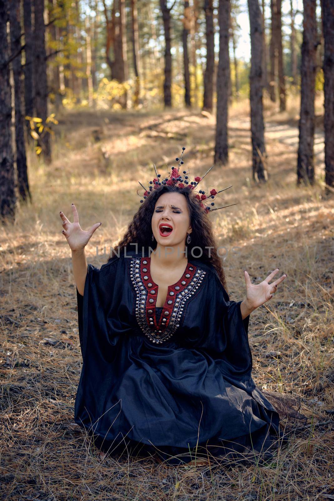 Beautiful witch in black, long dress, with red crown in her long hair. Posing sitting in pine forest. Spells, magic and witchcraft. Full length. by nazarovsergey
