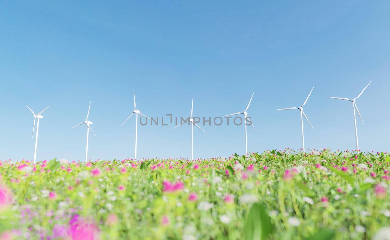 field full of flowers with wind turbines in the background and clear sky. concept of renewable energies and climate change. 3d rendering