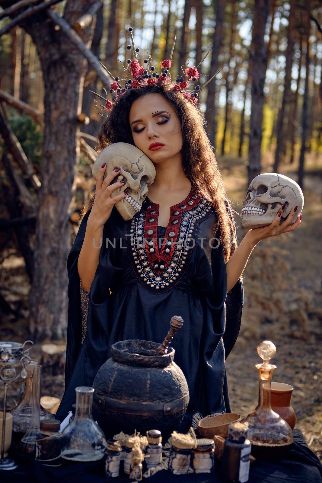 Gorgeous, wicked, long-haired charmer in a black, long embroidered dress. There is large red crown in her brown, curly hair. She is holding two skulls in her hands while posing in a pine forest standing by the table with accessories for spells and witchcraft. Magic potion is brewed in a black pot. Close-up.