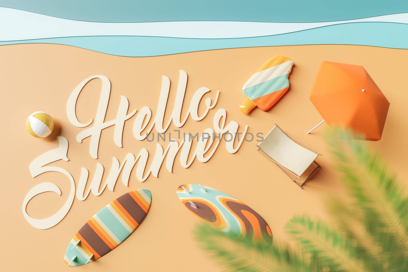 HELLO SUMMER sign on artificial beach with hammock and beach accessories. concept of summer arrival, vacations, travels and relax. 3d rendering