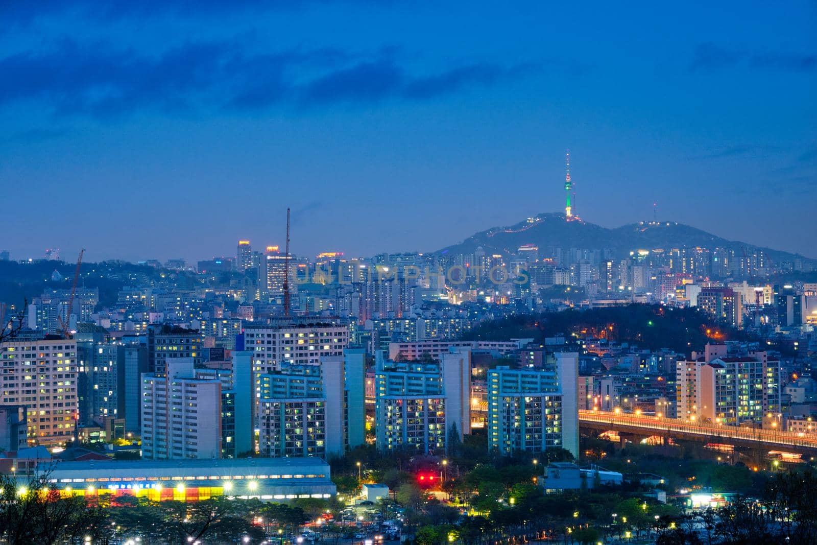 Seoul night cityscape with Namsan Tower. Seoul, South Korea