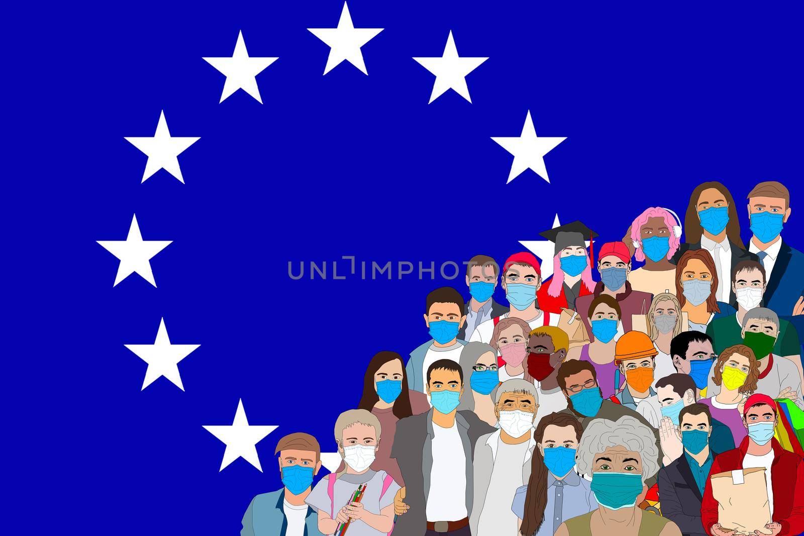 Silhouette of a group of refugees walking with flag of Europe as a background.