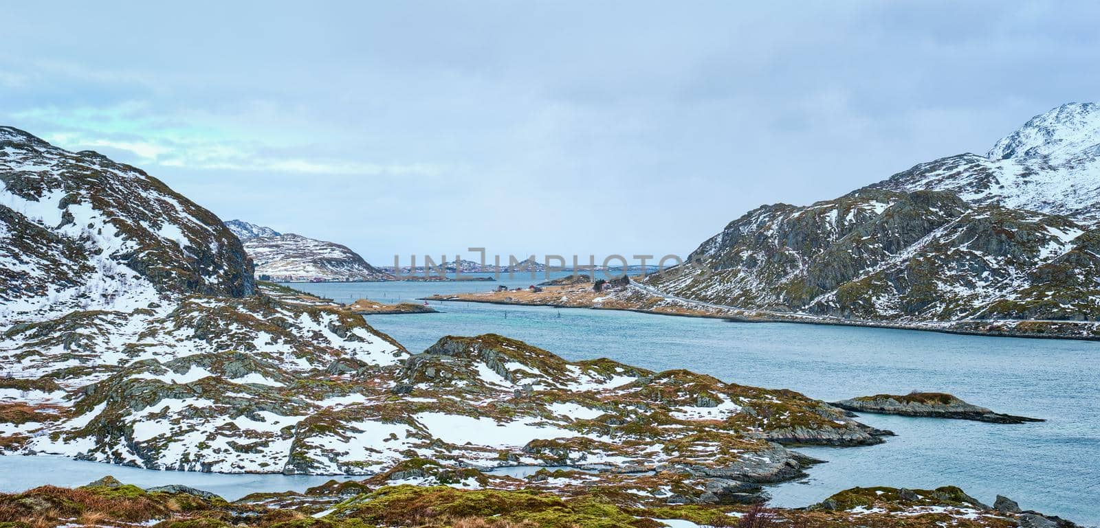 Panorama of norwegian fjord, Lofoten islands, Norway by dimol