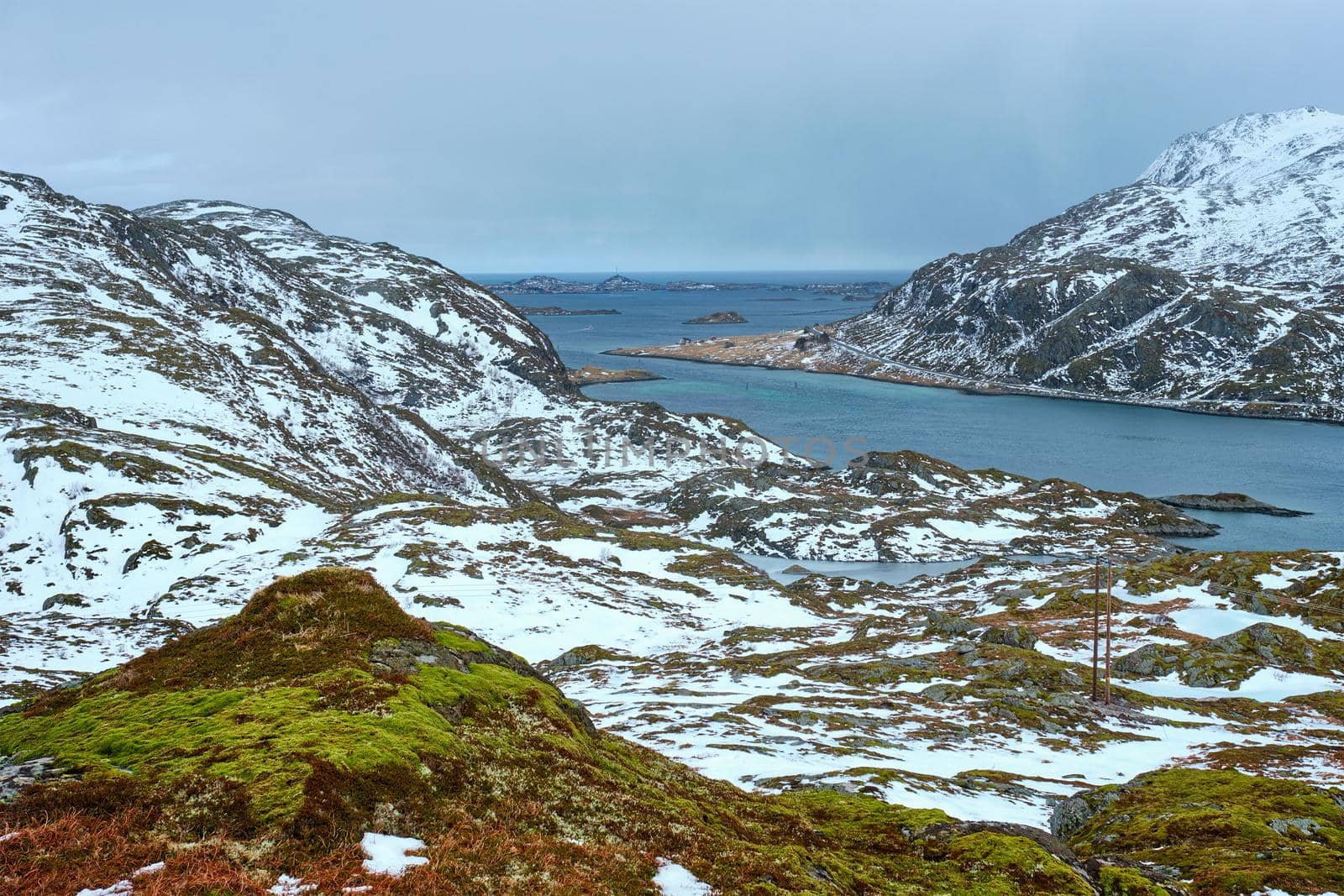 View of norwegian fjord in winter, Lofoten islands, Norway