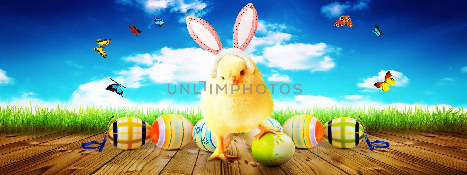 An Easter decoration with chicken. Easter holiday concept with cute chick.