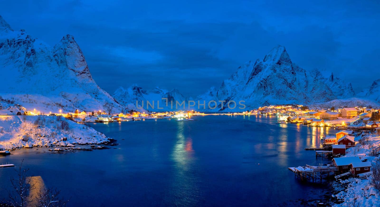 Reine village illuminated at night. Lofoten islands, Norway