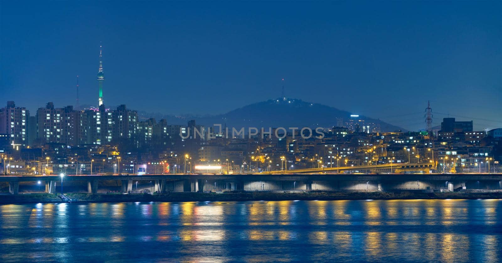Seoul night view with Namsan Tower over Han River. Seoul, South Korea