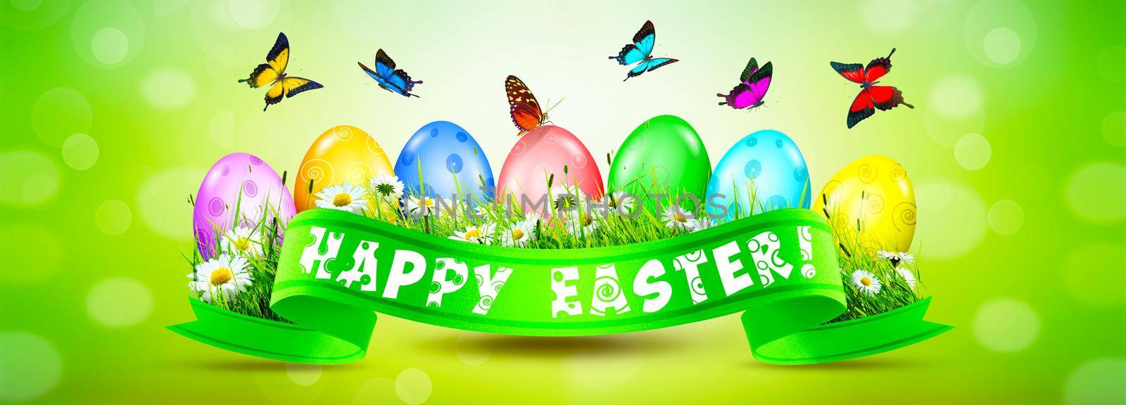 Beautiful Easter background with colorful Easter eggs. 3d illustration by Taut