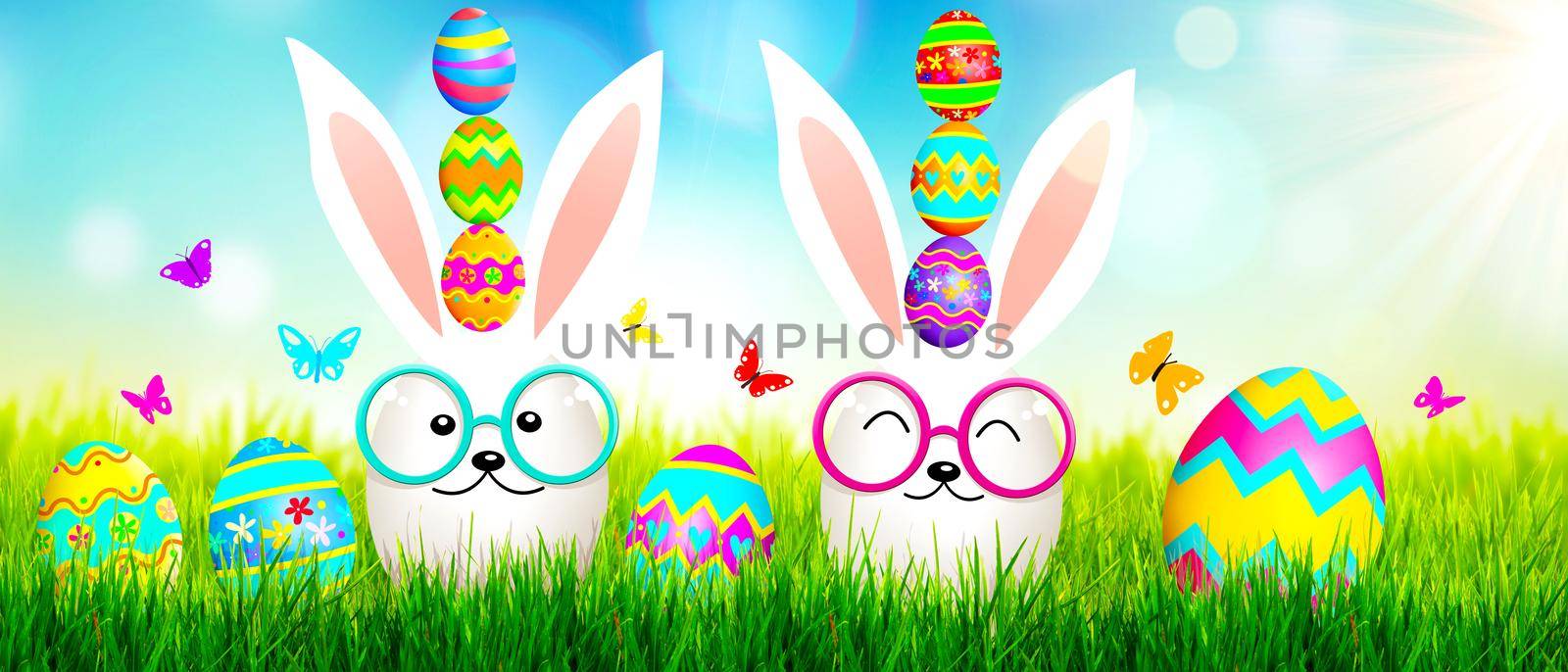 Easter composition with rabbit. Festive decoration. Happy Easter. 3d illustration