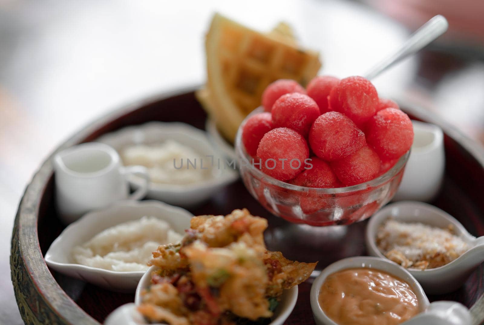 Thai watermelon fruit and served with a scoop decorate with Set Thai dessert style