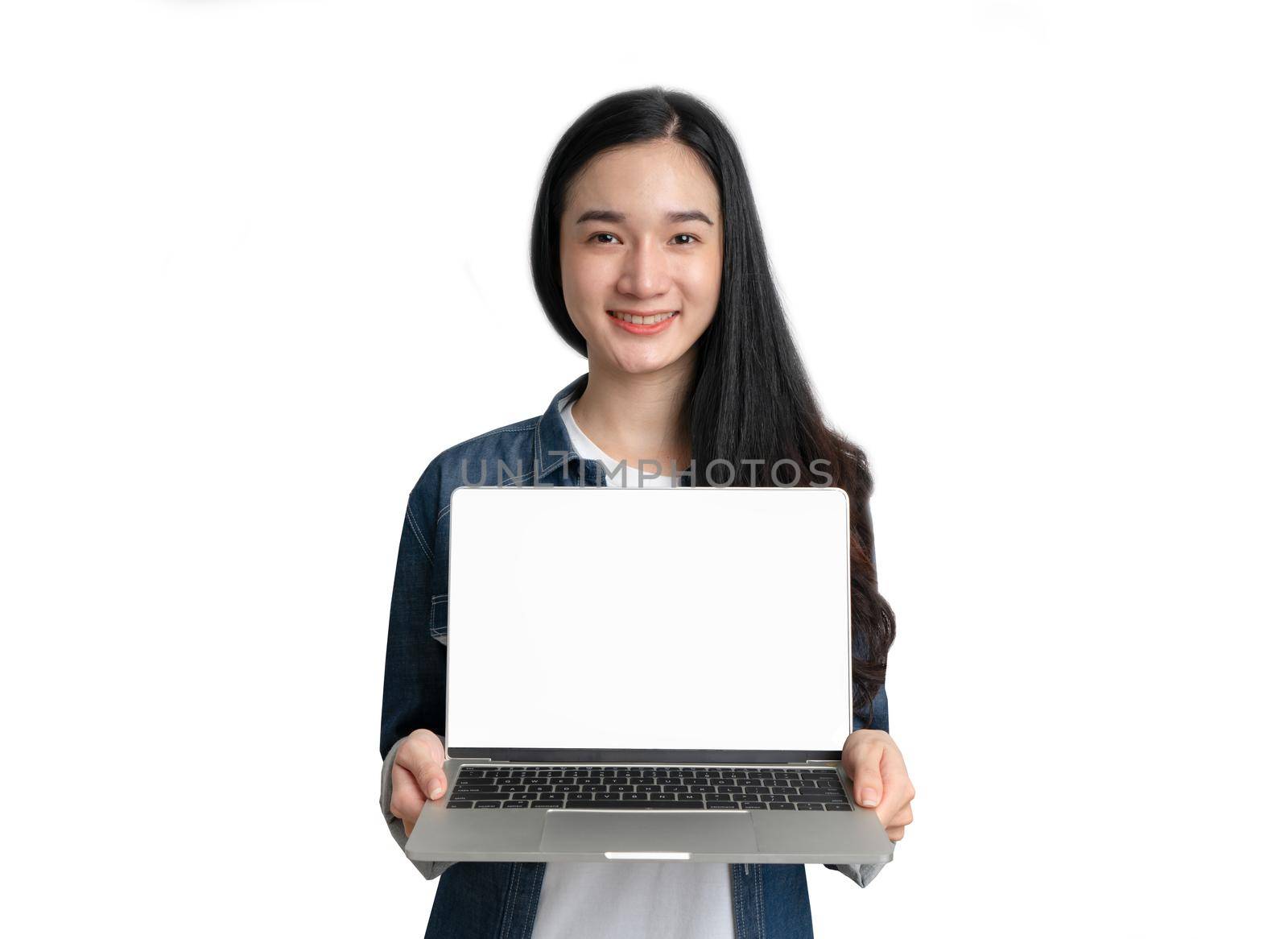 Asian woman entrepreneur showing laptop with white screen by Buttus_casso