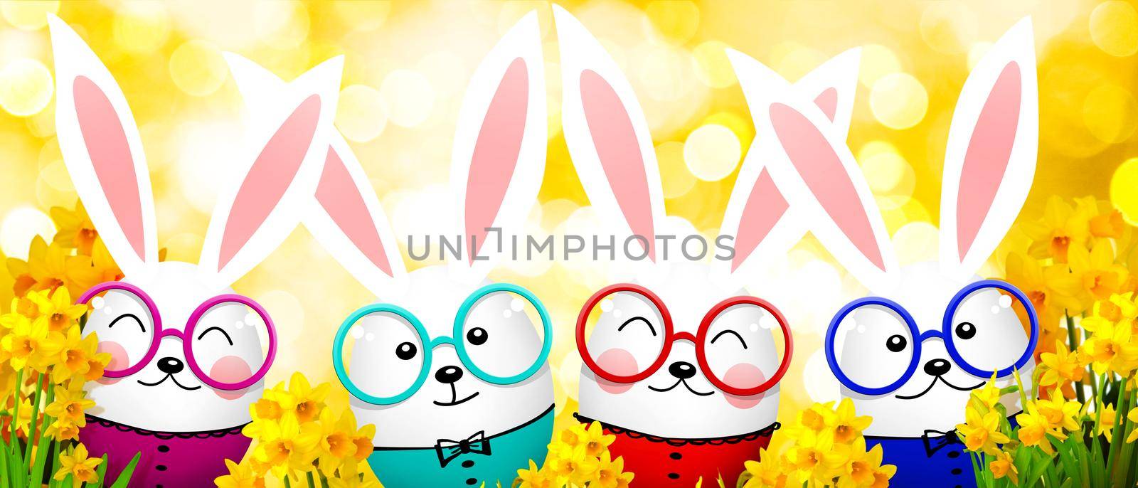 Easter composition with rabbit. Festive decoration. Happy Easter. 3d illustration