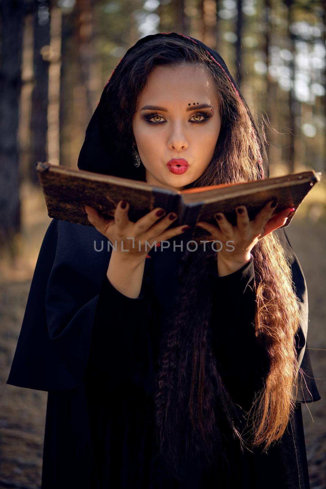 Pretty, wicked, long-haired charmer in a black, long dress with cape and hood. She is holding a magic book in her hands and blowing on it while posing in a pine forest. Spells and witchcraft. Close-up portrait.