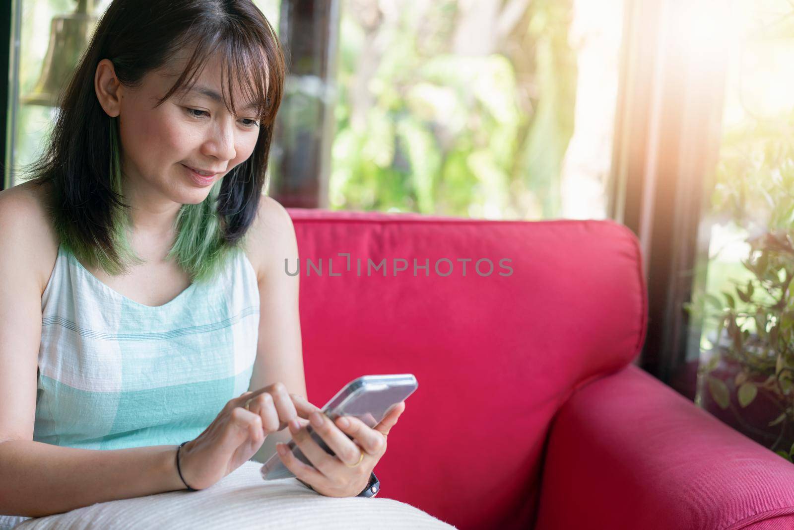 Happy woman use smartphone for communication and social network