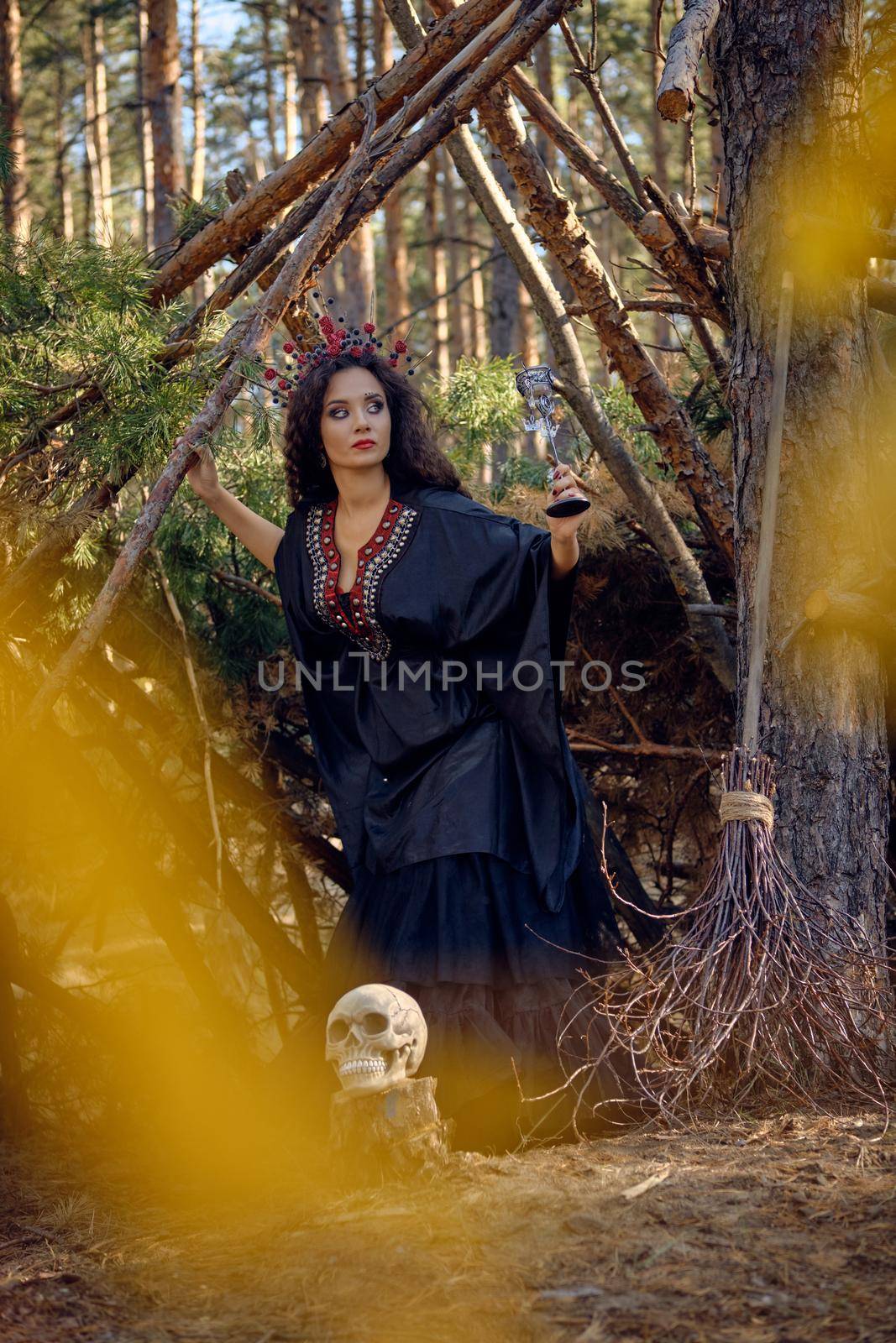Beautiful, wicked, long-haired witch in a black, long embroidered dress. There is large red crown in her brown, curly hair. She is posing with her broom and a skull while standing near a hut in a pine forest. Spells, magic and witchcraft. Full length portrait.