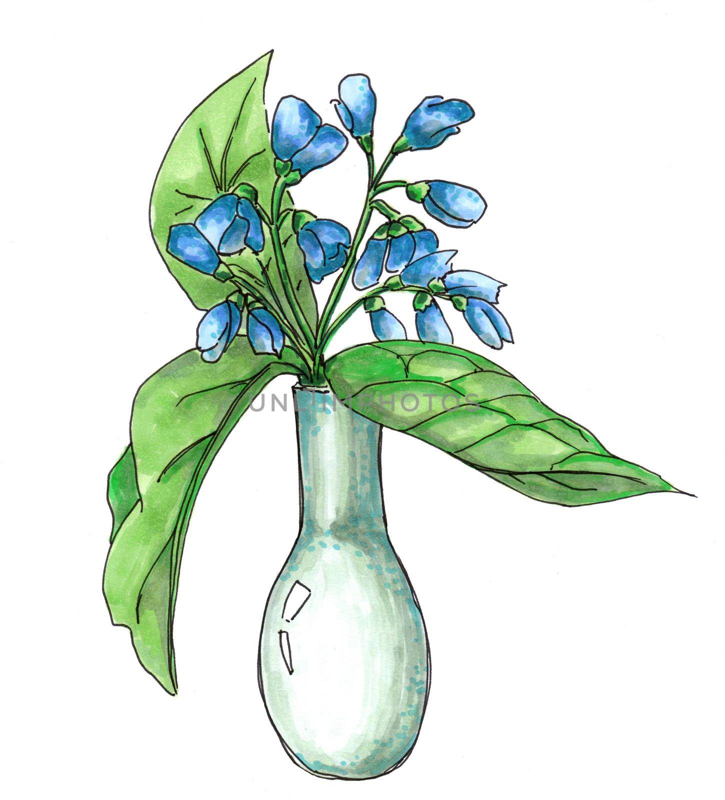 Blue flowers in a vase with leaves. Hand-drawn with alcohol markers small bouquet