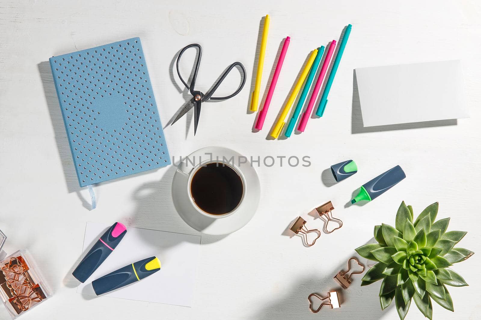 Layout for the office. Back to school. Blue notebook, colorful pens, felt-tip pens, paper clips, potted echeveria, a cup of tea. Place for text by elenarostunova
