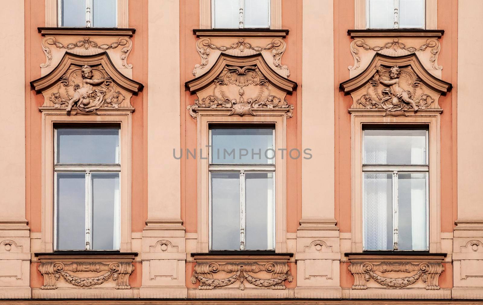 Architecture detail, windows of an old building, Prague, Czech Republic