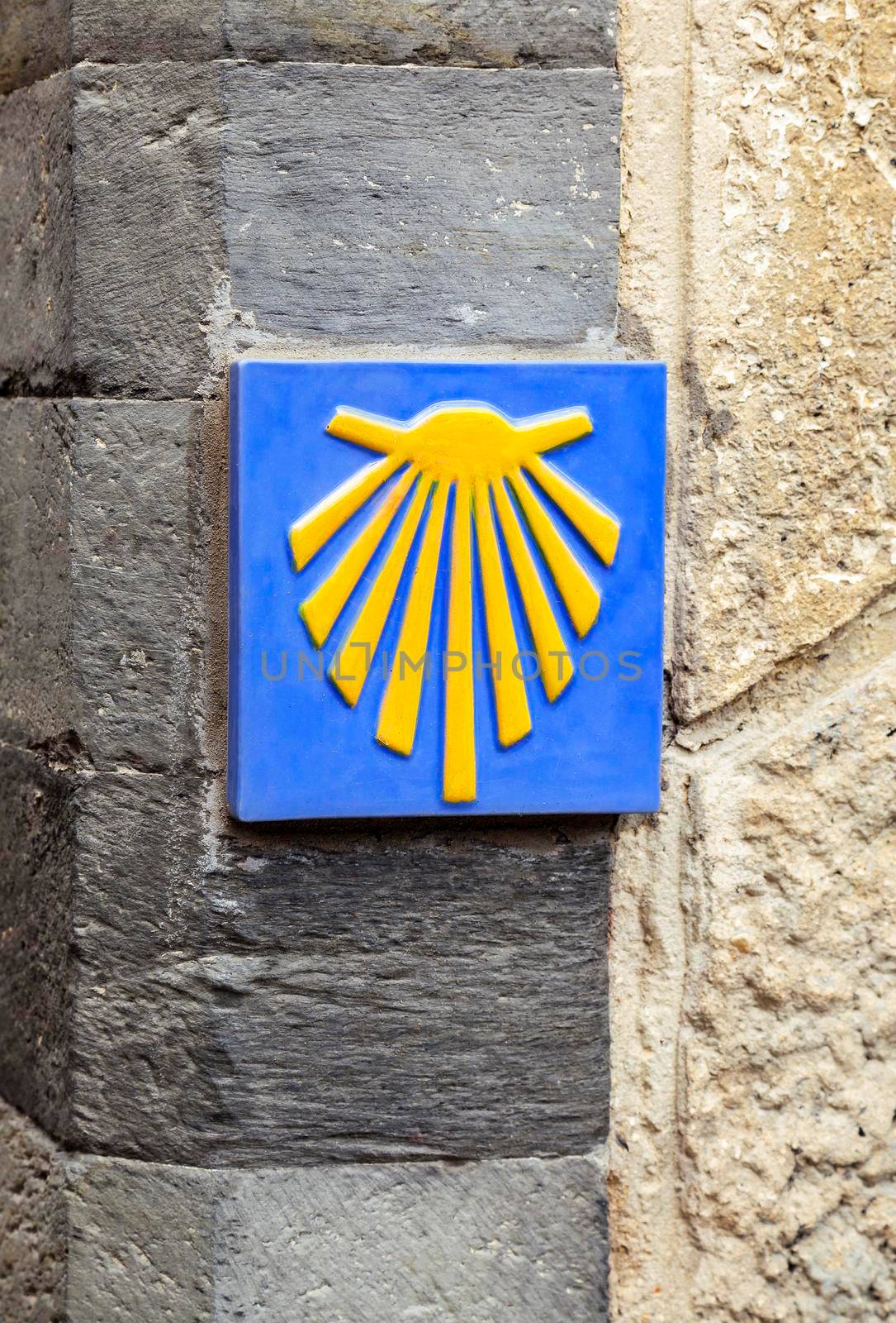 Road sign of Camino de Santiago, pilgrimage route to the Cathedral of Santiago de Compostela