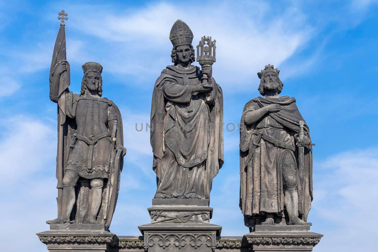 The statues of Saints Norbert, Wenceslaus and Sigismund on the Charles bridge in Prague, Czech Republic