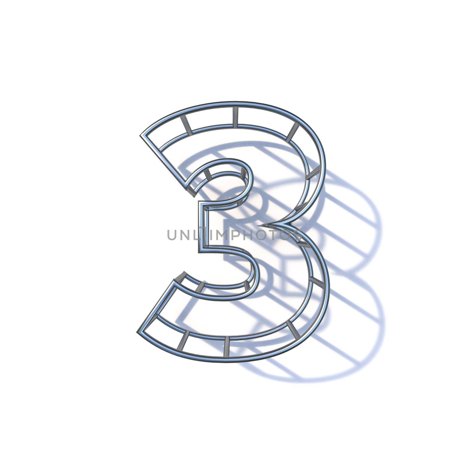 Steel wire frame font Number 3 THREE 3D render illustration isolated on white background