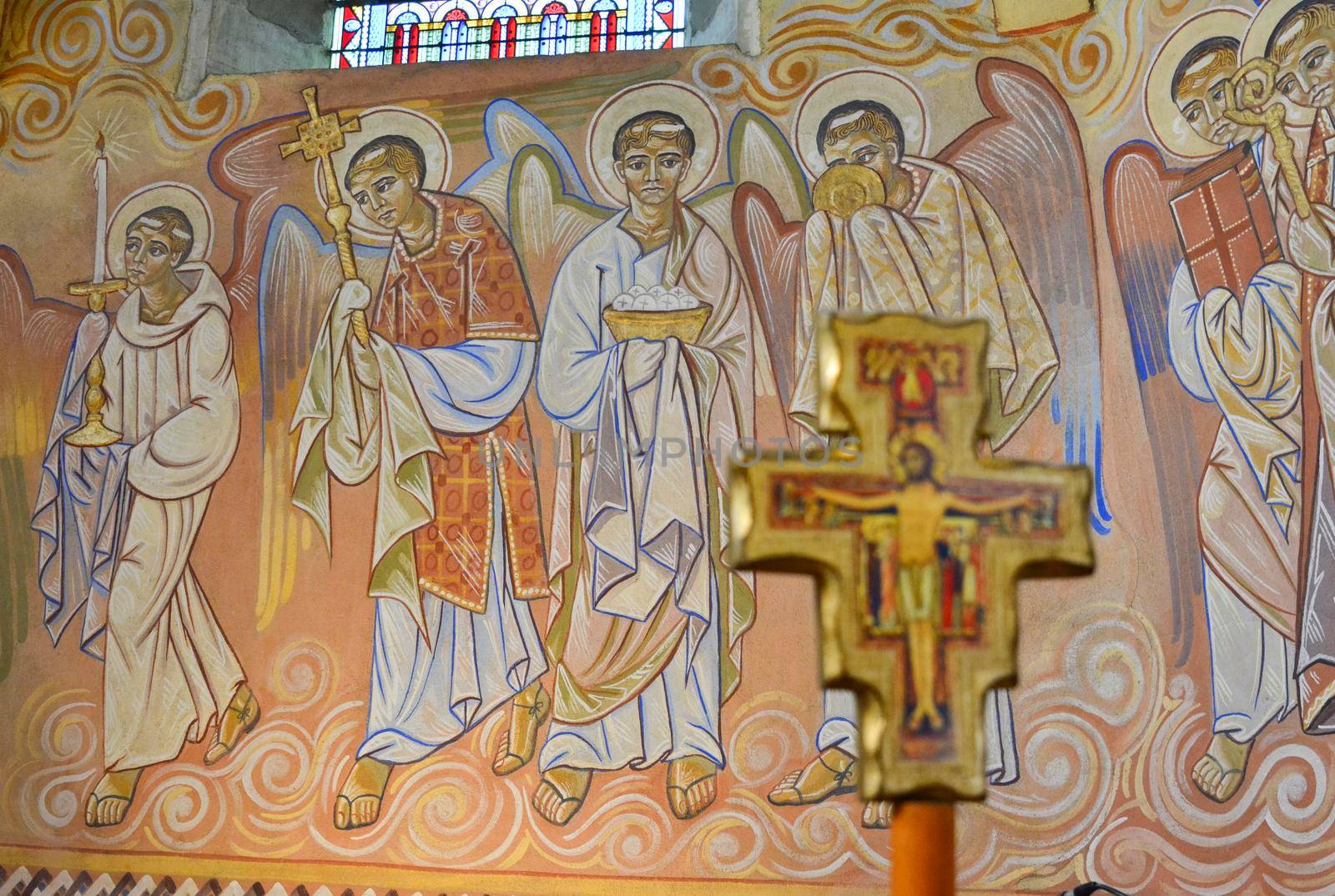 LE MANS, FRANCE - SEPTEMBER 17, 2017: Church St-Lazare in Le mans France with painted frescoes inside of artist Nikolay Greshniy