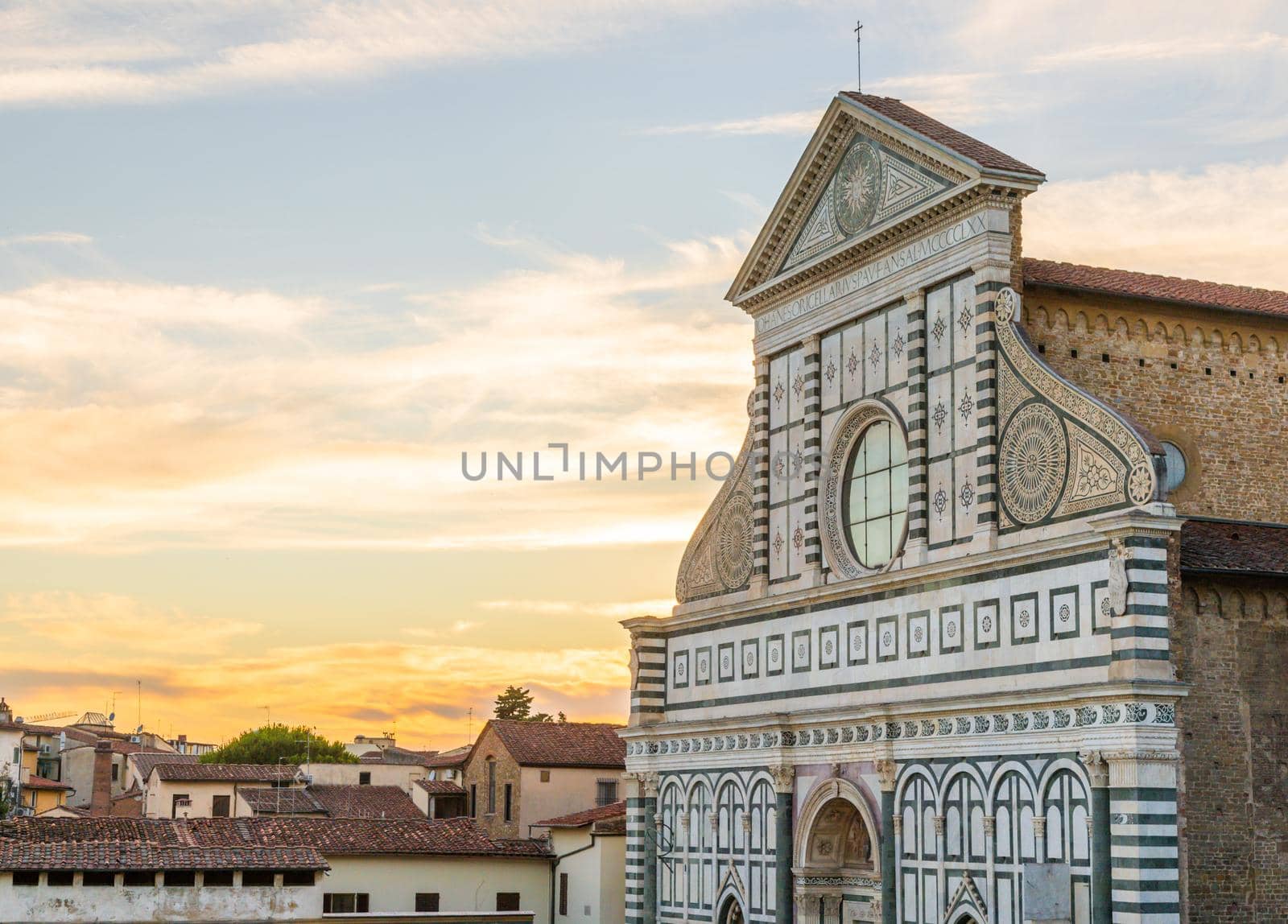 Florence, Italy. Sunset light on Santa Maria Novella - Holy Mary Church - nobody and copy space