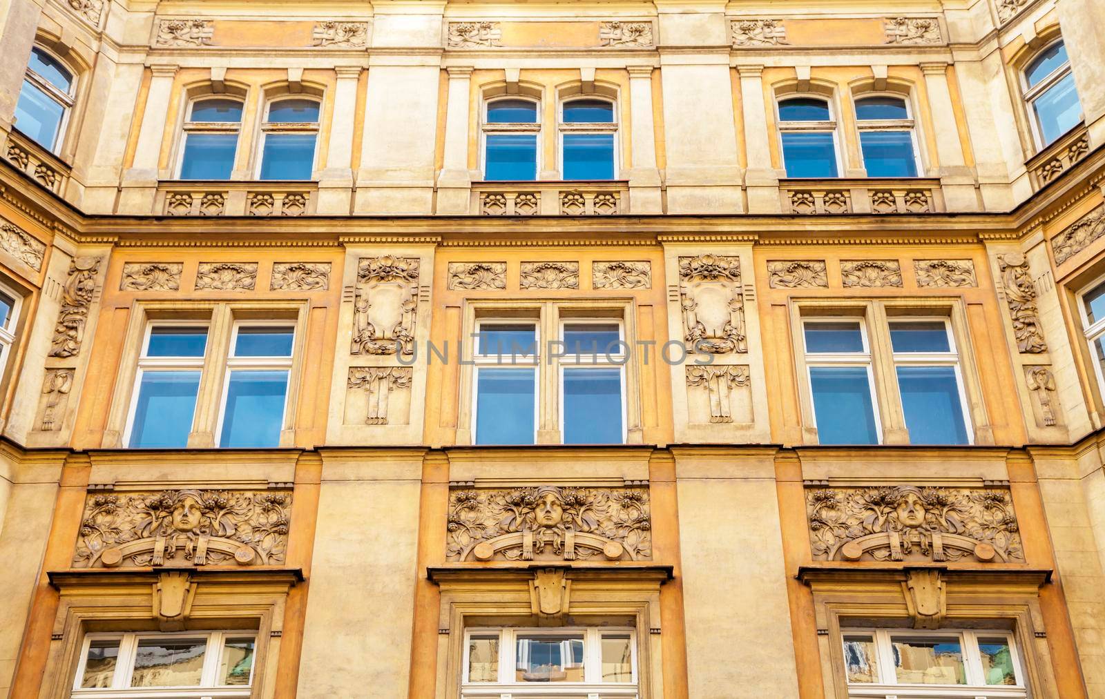 Architecture detail, windows of an old building, Prague, Czech Republic