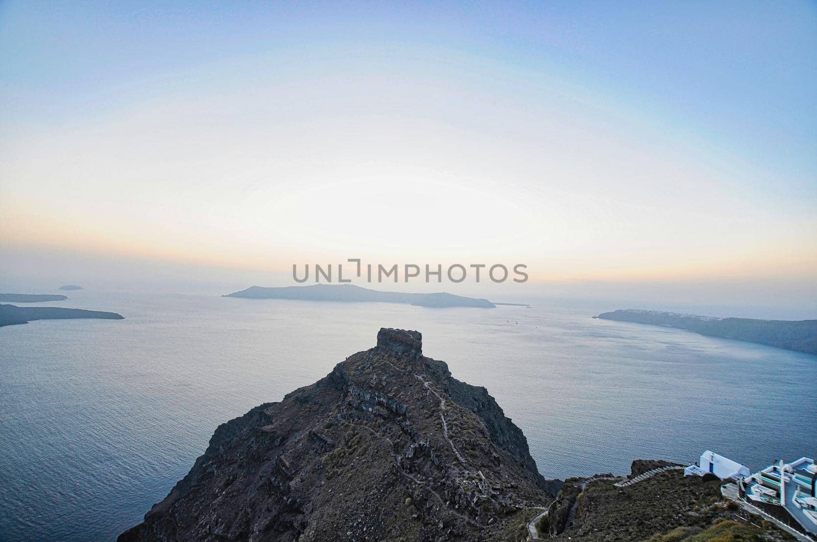 Great view from Skaros rock of the sea and blue sky