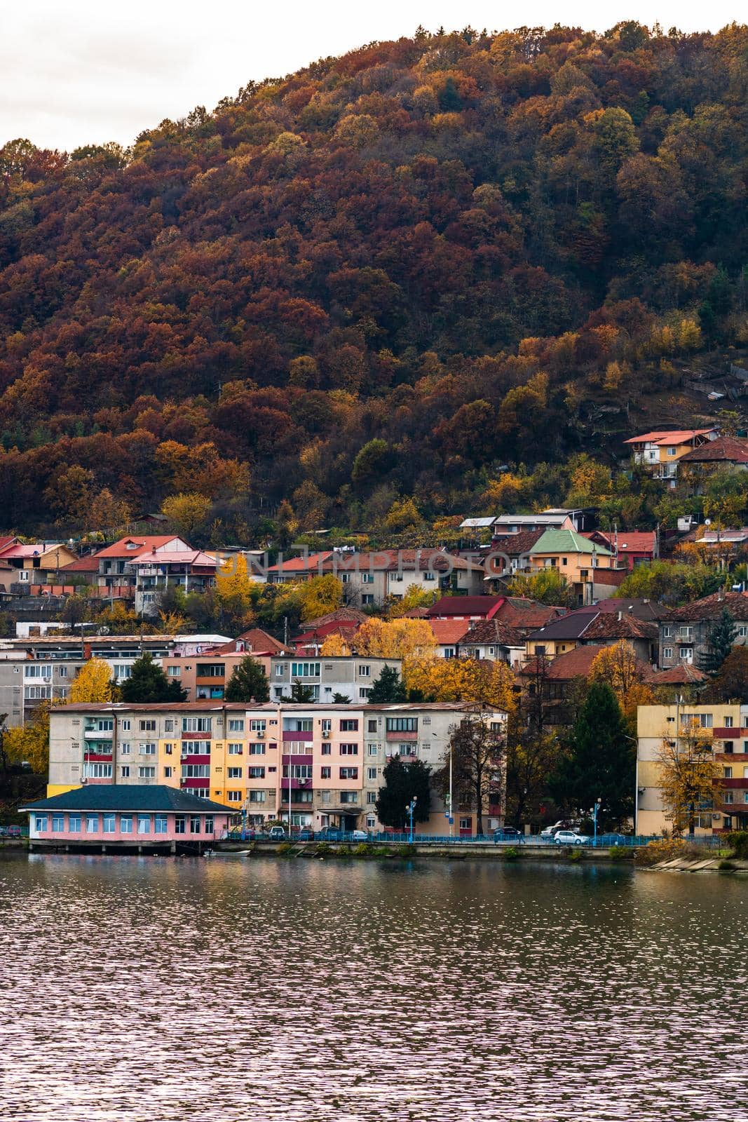 View of Danube river and Orsova city vegetation and buildings, waterfront view. Orsova, Romania, 2021