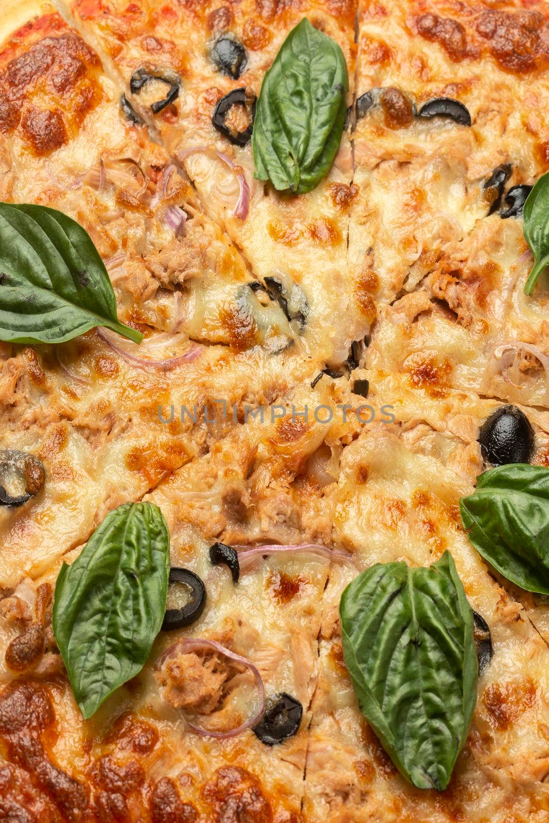 close up detail of mixed organic vegetables vegetarian pizza with fresh basil