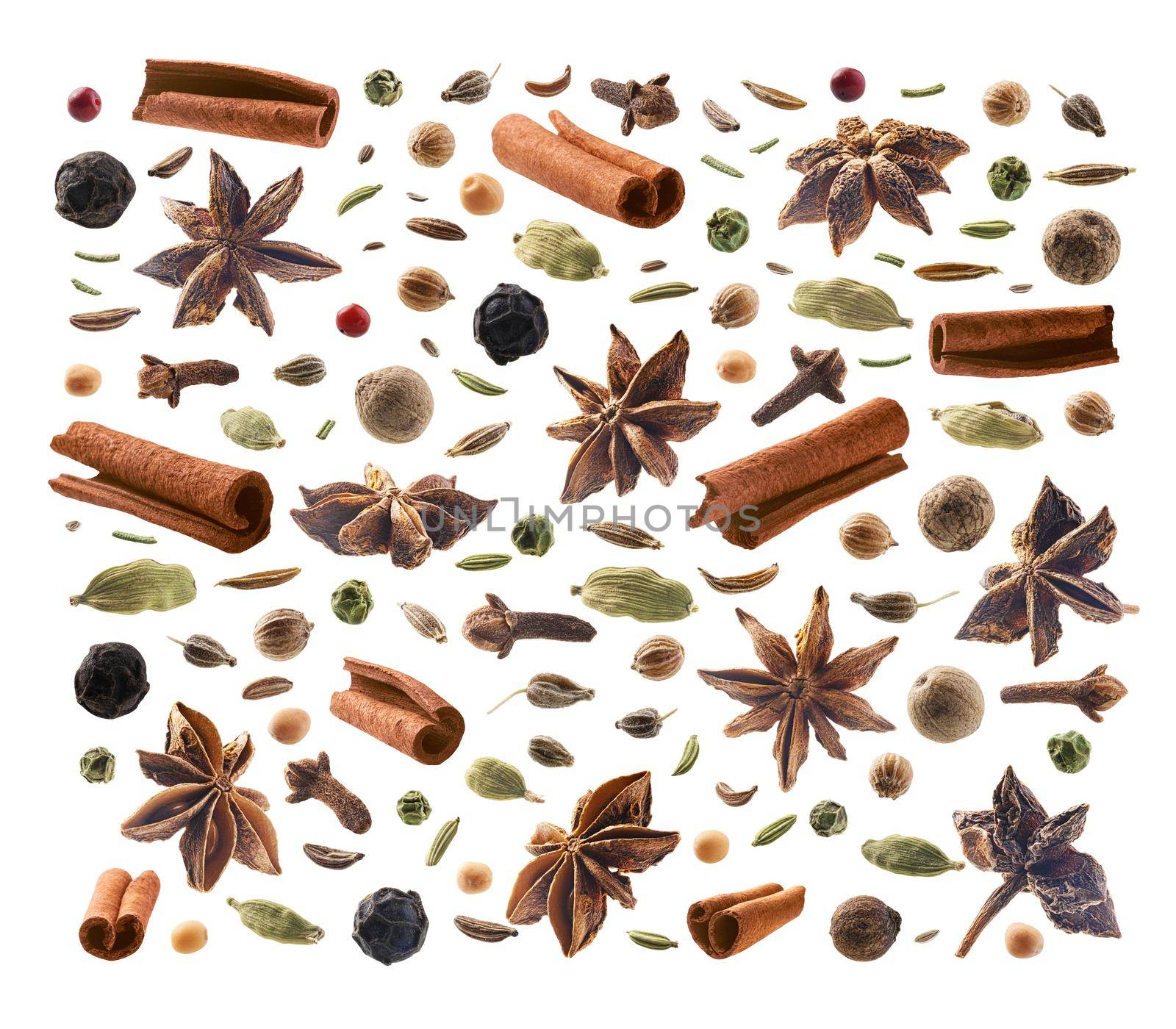Large collection of seasonings and spices on a white background.