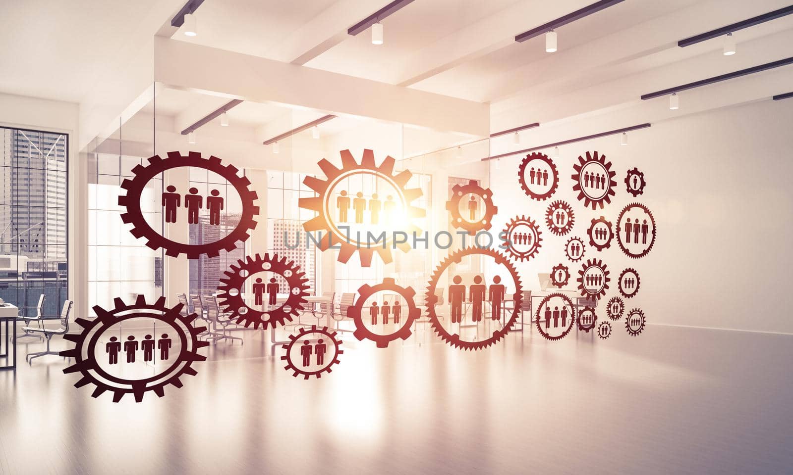 Cogwheels and gears mechanism as social communication concept in office interior. 3D rendering