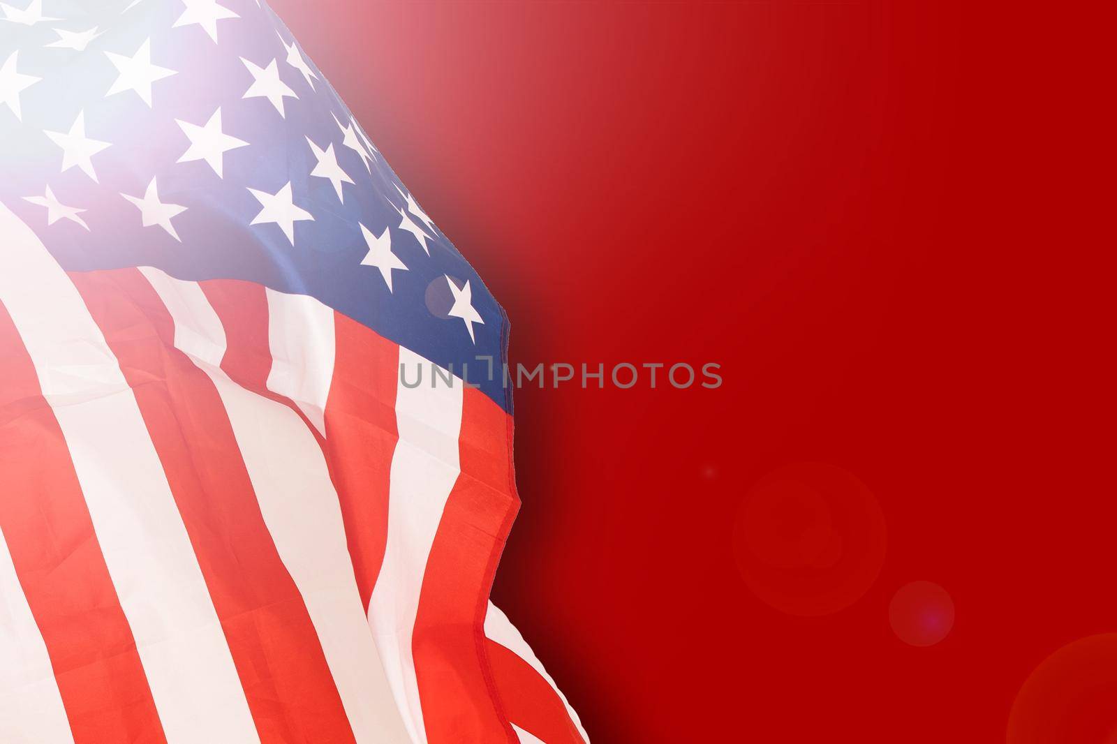 Fragment of american flag on empty red concrete background. Independence day backdrop by Andelov13