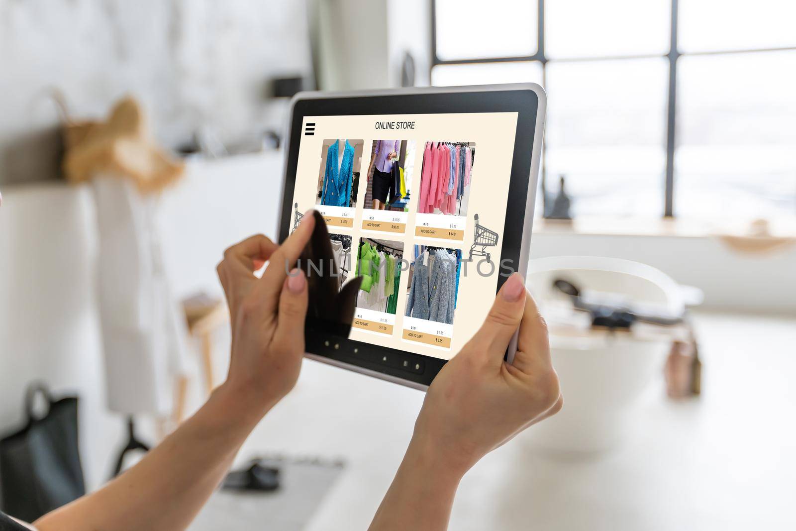 Woman using digital tablet to shop online.